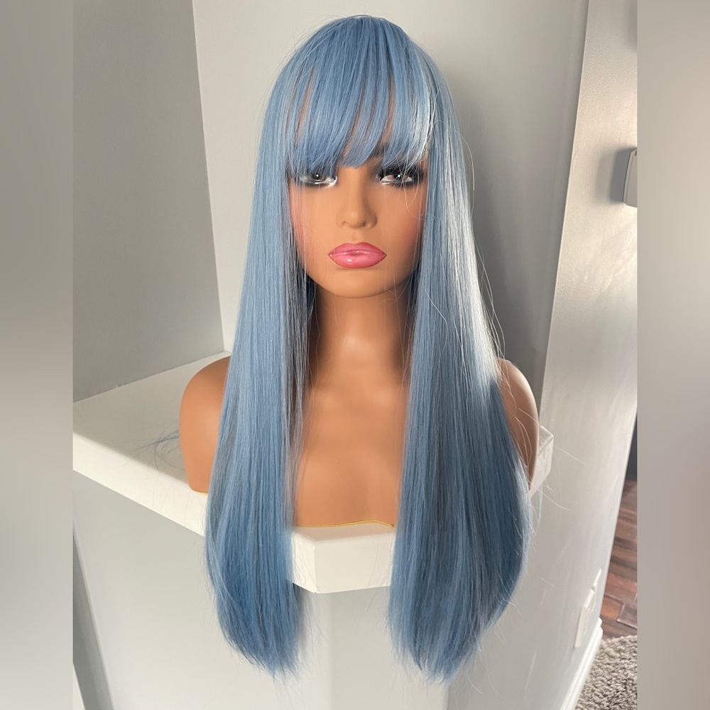 Blue Straight Long Wig with Bangs - Women's Hair